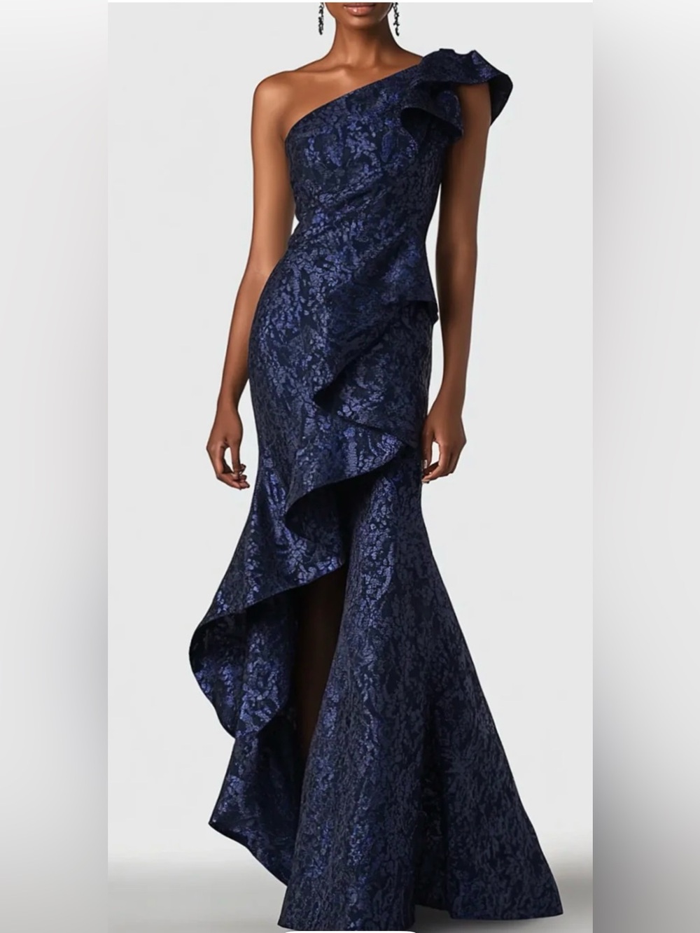 One-Shoulder Navy Ruffle Jacquard Gown